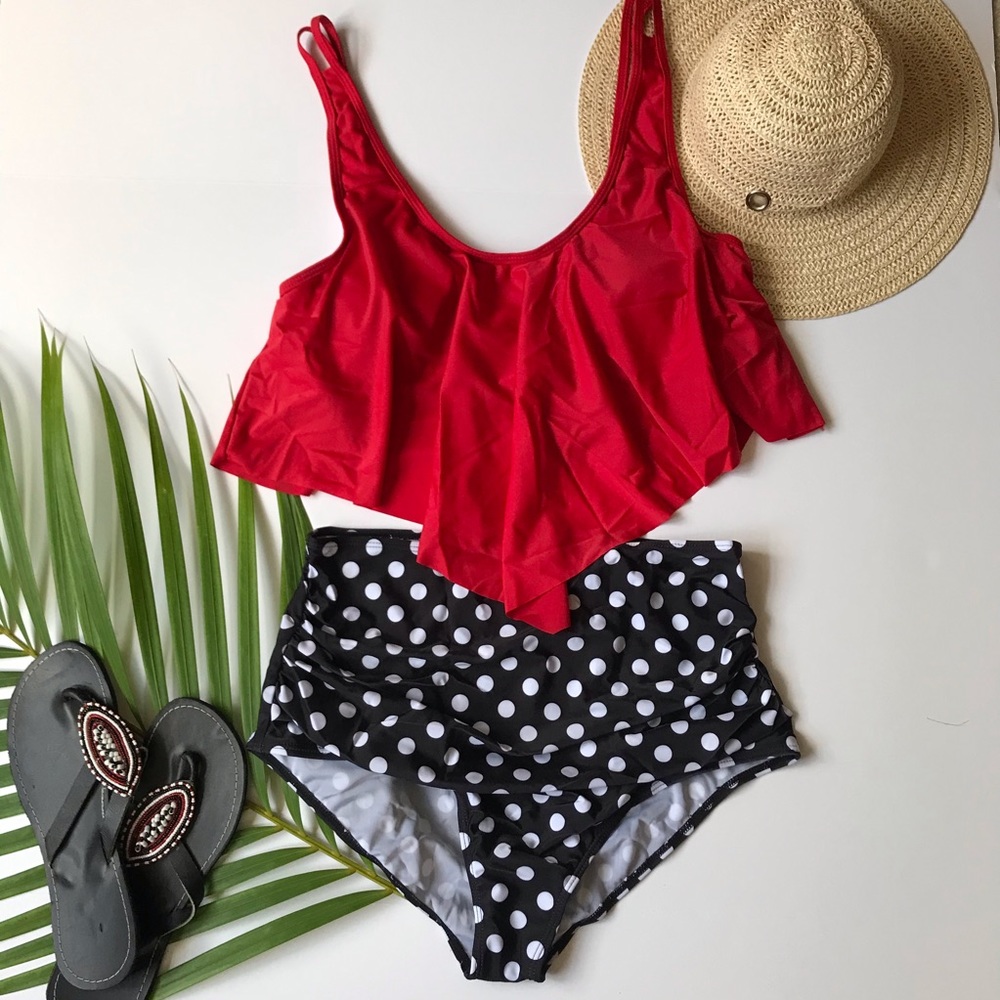 Ruffled flounce top high waist bikini swimsuit